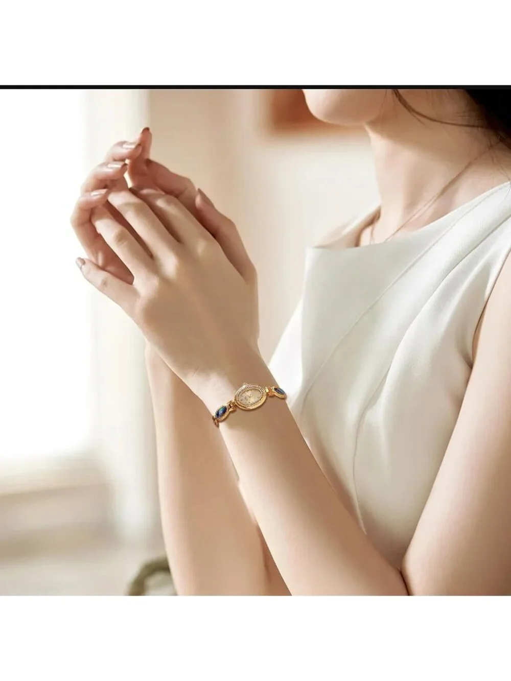 Women's Gold Vintage Bracelet Elegant Jade Oval Dial Waterproof Wrist Watch